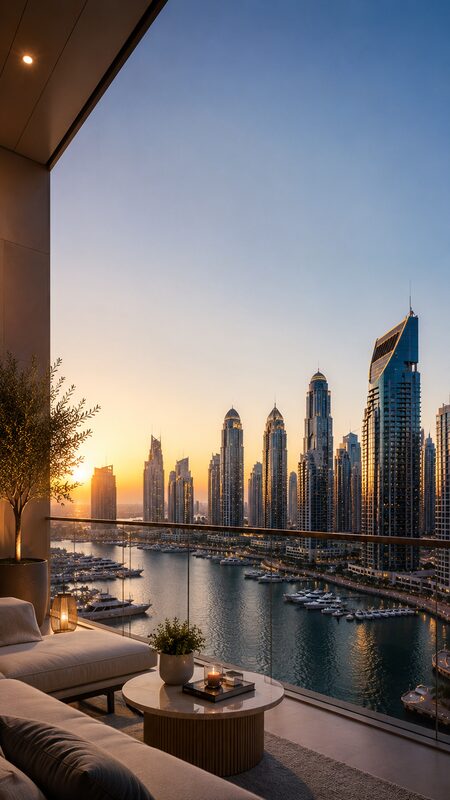 Waterfront residences at dusk in Dubai